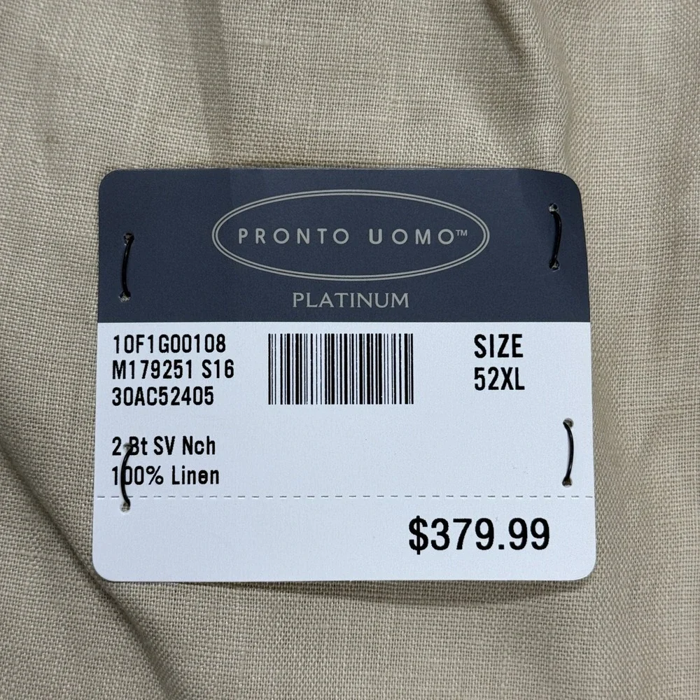 Pronto Uomo Platinum Mens Tan 100% Linen Blazer Sport Coat 52 Extra Long NWT